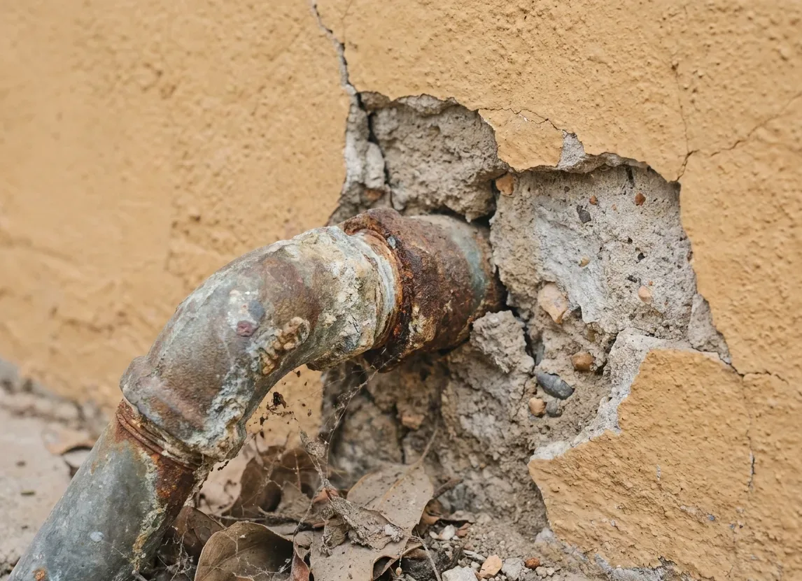 Crumbled mortar around an old service pipe where it passes through a stucco wall