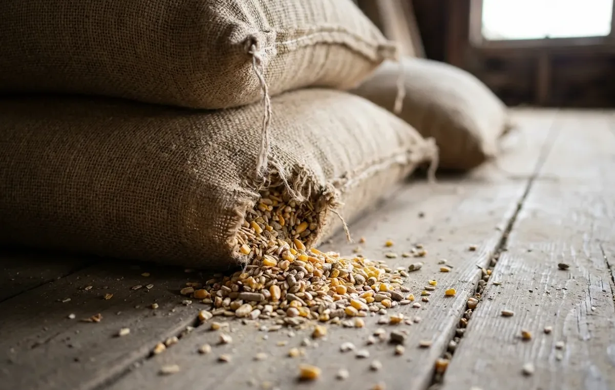 Feed sack gnawed open on timber barn boards with grain spilled around it