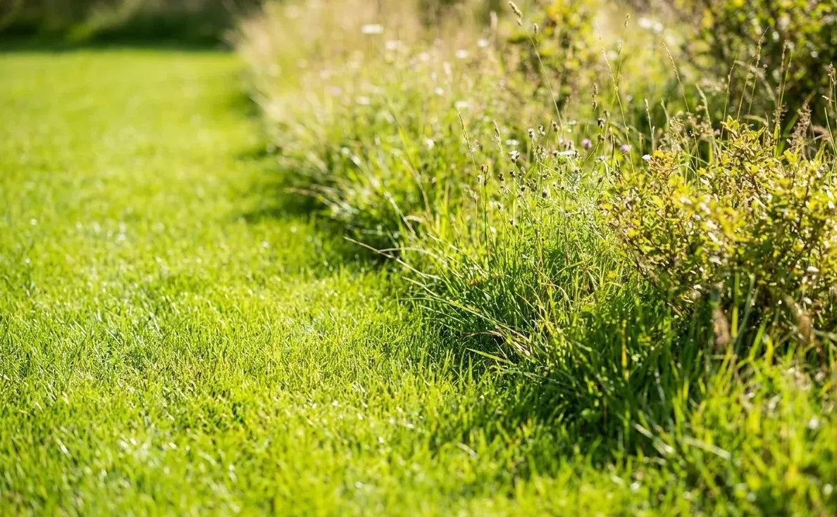 Cut lawn running up against a band of tall unmanaged grass