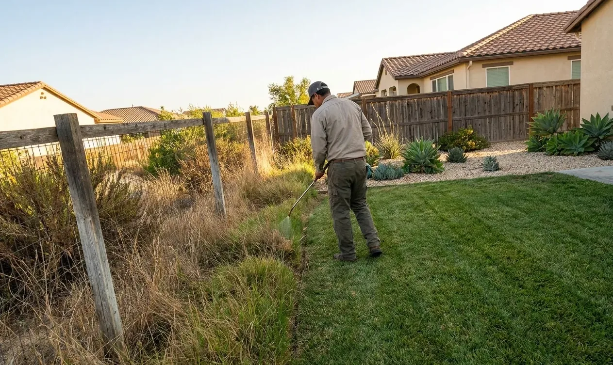 Technician walking the boundary where mown lawn meets rough grass along a timber fence Technician walking the boundary where mown lawn meets rough grass along a timber fence