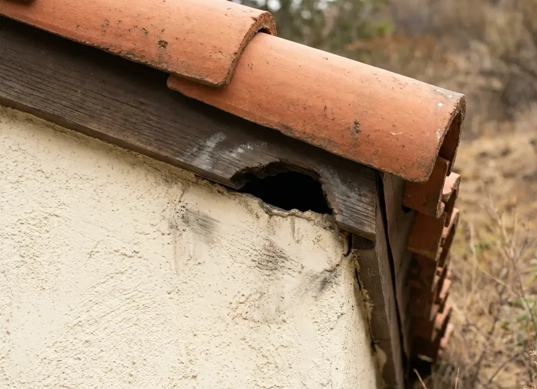 Dark gap opened under a roof tile on a hillside home