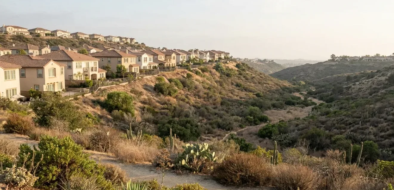 Hillside homes looking out over unlandscaped canyon scrub