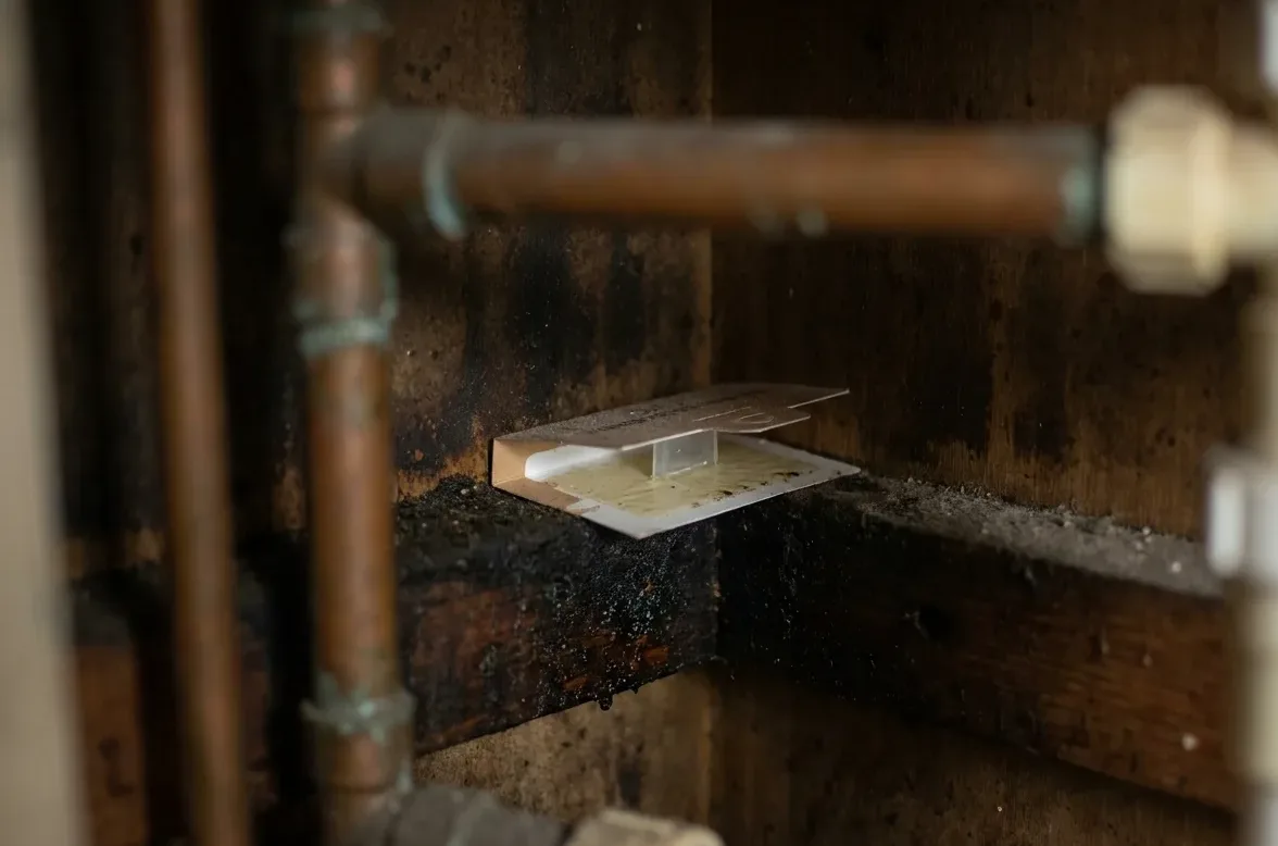 Shallow tray on a ledge inside a dark service void