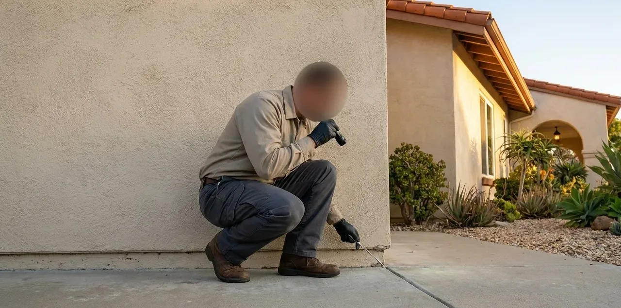 Technician crouched at the base of an exterior stucco wall where it meets a concrete path Technician crouched at the base of an exterior stucco wall where it meets a concrete path