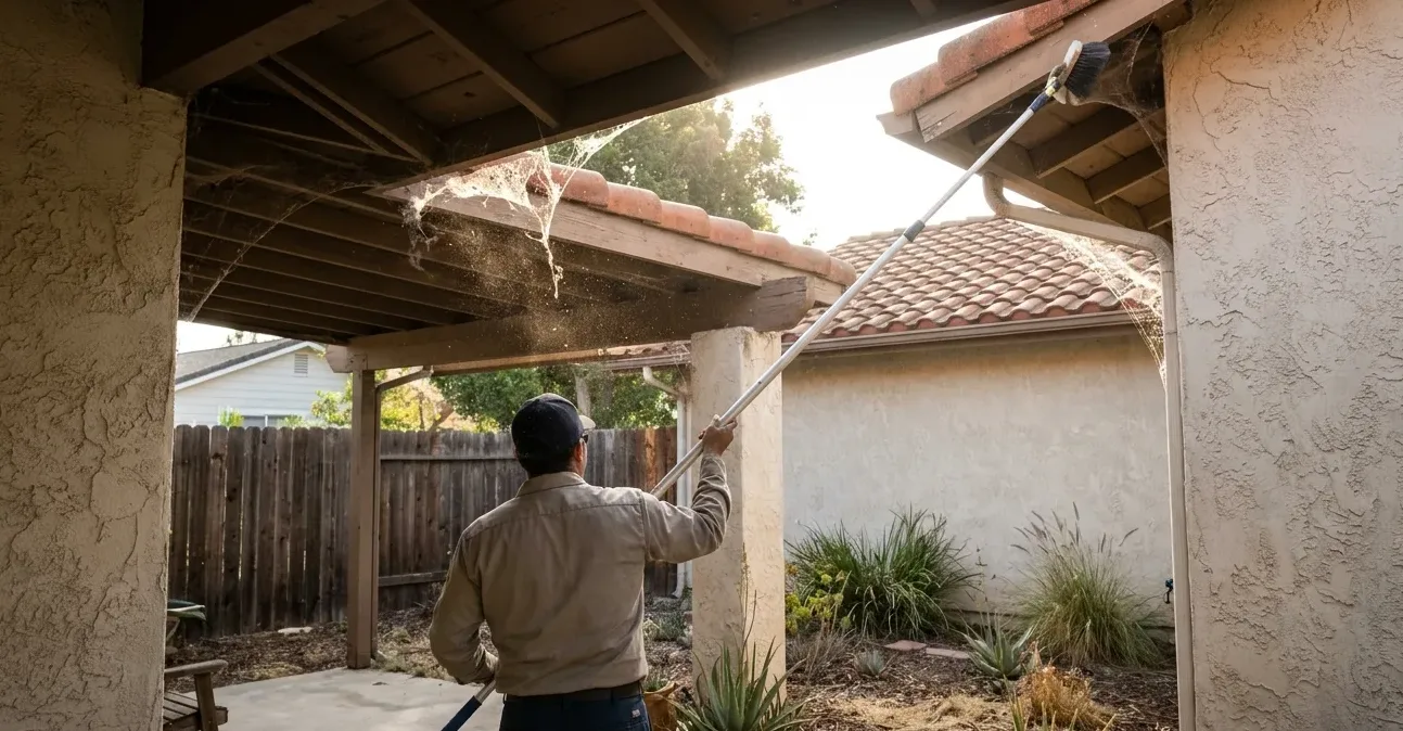 Technician reaching up under the open eave of a single-storey house with a long-handled tool Technician reaching up under the open eave of a single-storey house with a long-handled tool
