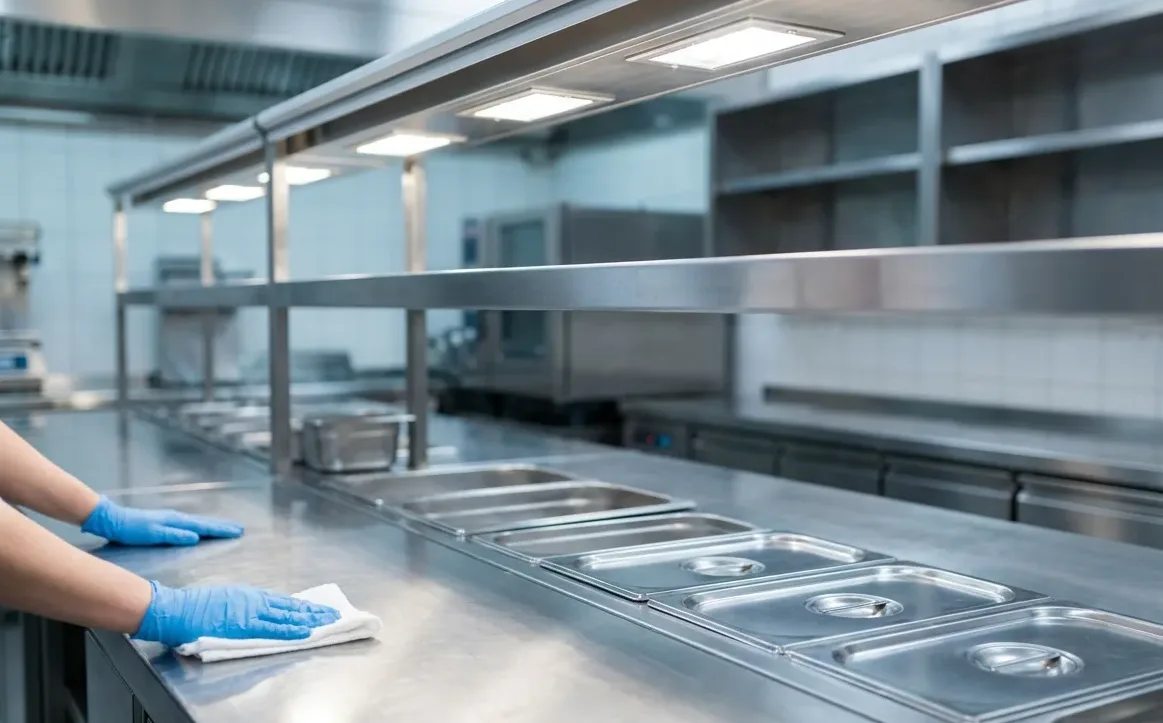 Spotless stainless steel prep line in a commercial kitchen