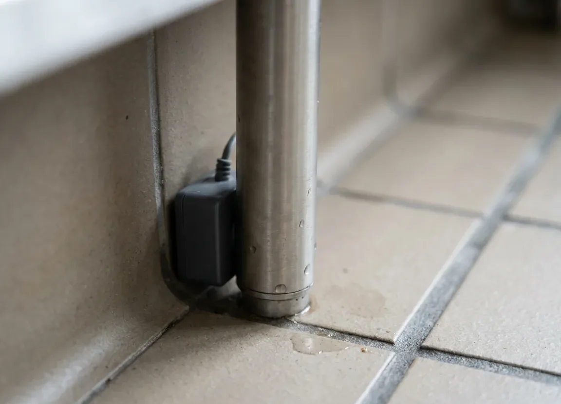 Low-profile monitoring station tucked under the bottom shelf of a stainless steel kitchen rack Low-profile monitoring station tucked under the bottom shelf of a stainless steel kitchen rack