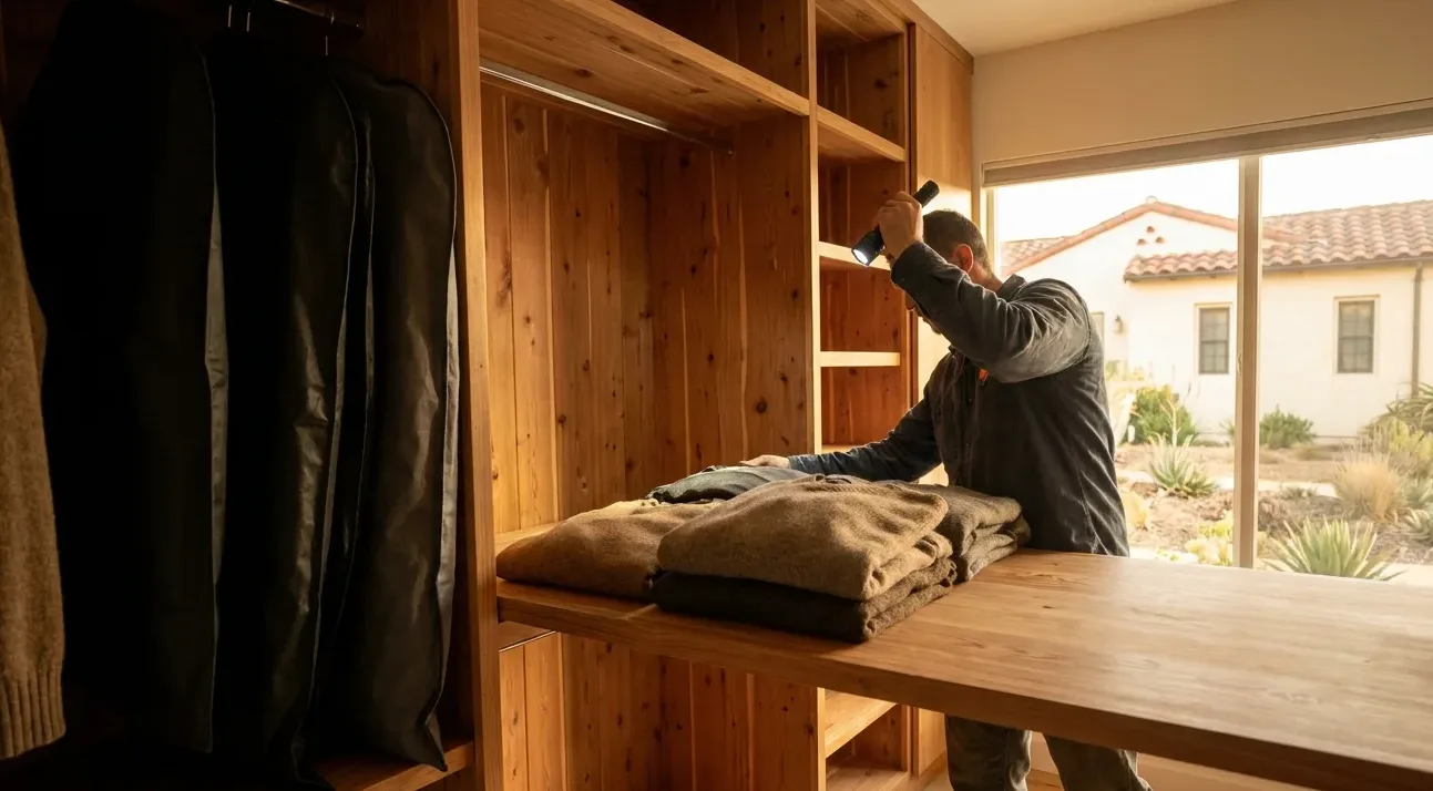 Technician checking the top of a timber-lined storage bay