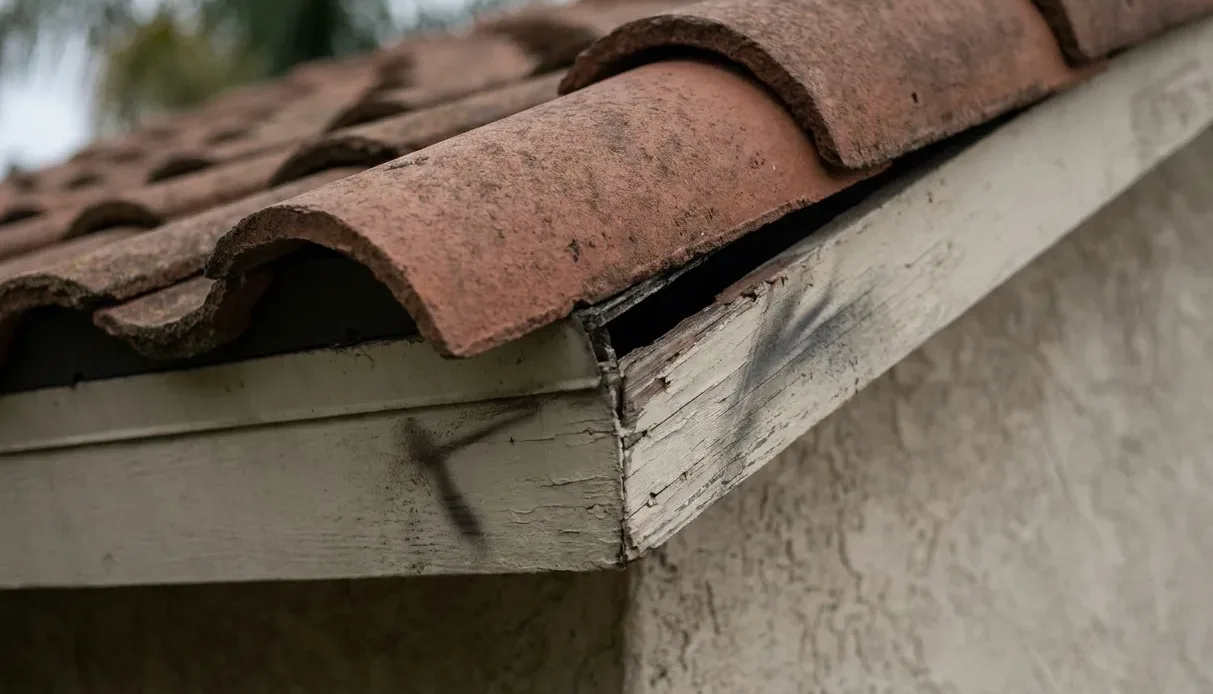 Rodent entry gap at the fascia line of an older house
