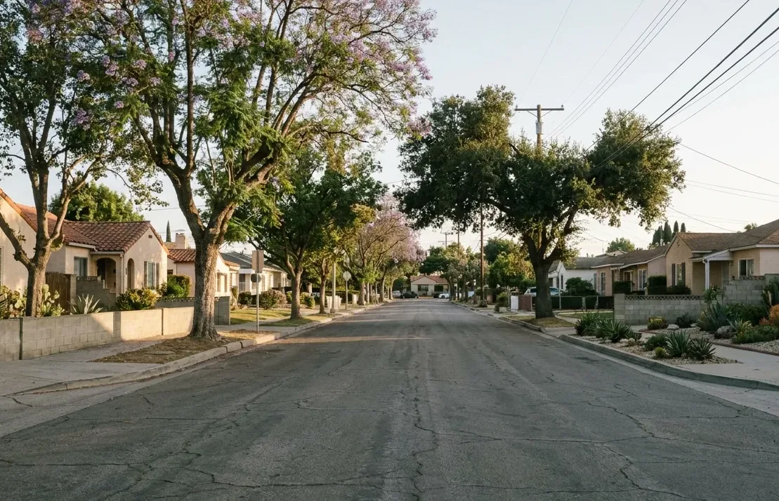 Established street of modest single-storey homes under mature shade trees