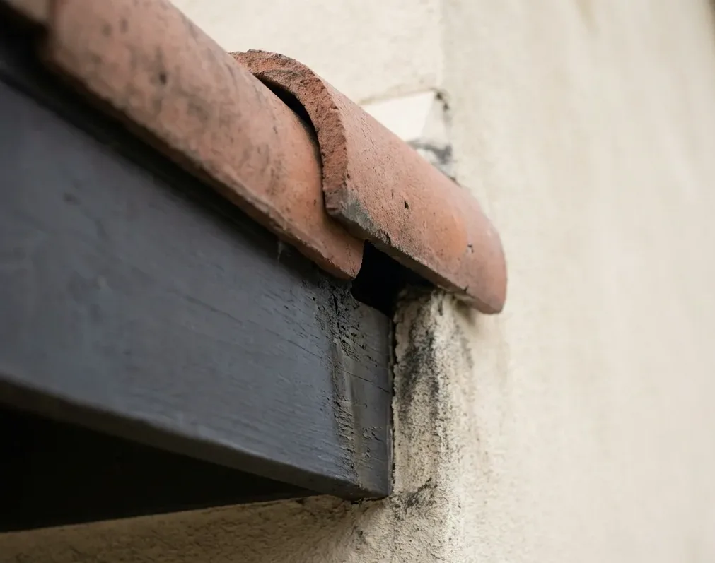 Gap beneath a roof tile at the fascia of a stucco home Gap beneath a roof tile at the fascia of a stucco home
