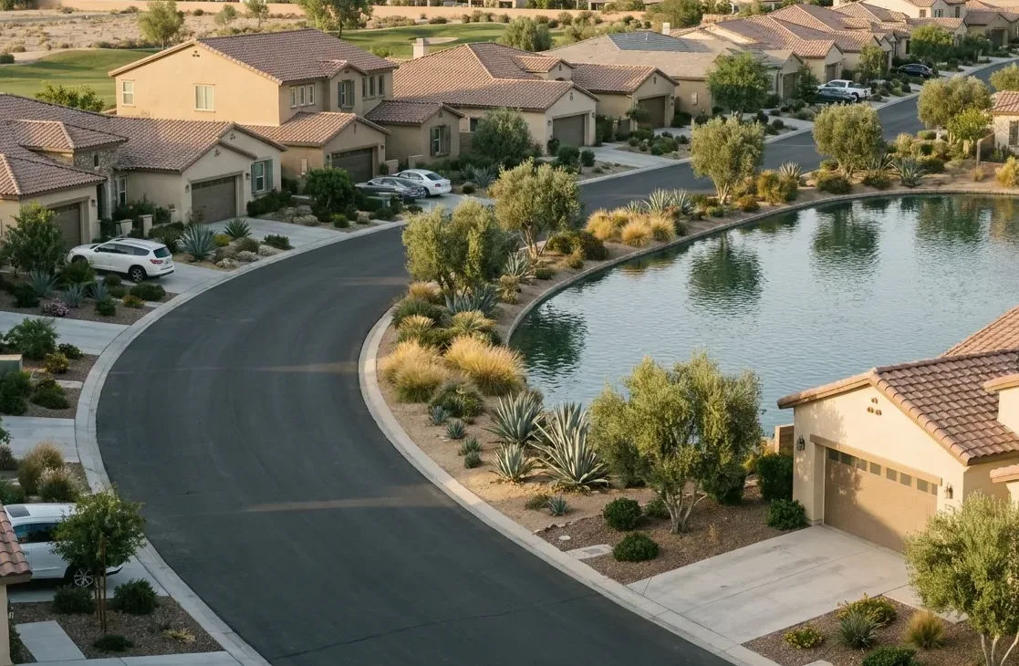Newer stucco homes set around a landscaped water edge Newer stucco homes set around a landscaped water edge