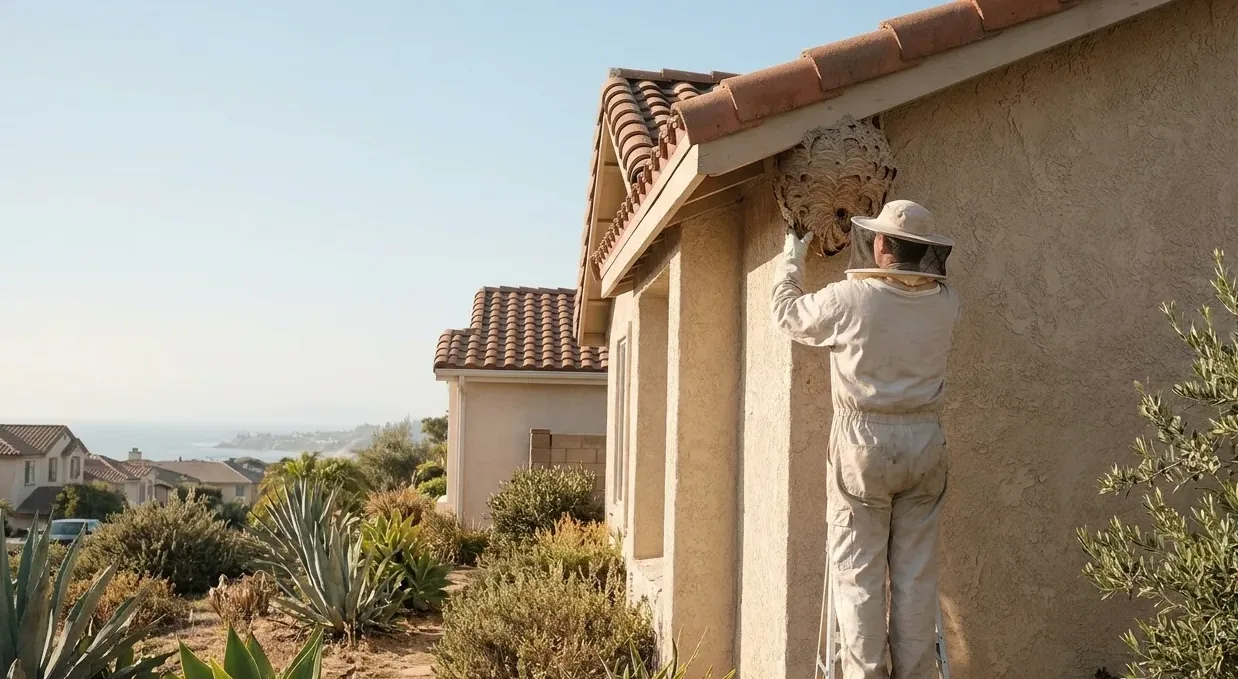 Technician in protective coveralls working at the roof edge of a tiled house from a ladder Technician in protective coveralls working at the roof edge of a tiled house from a ladder
