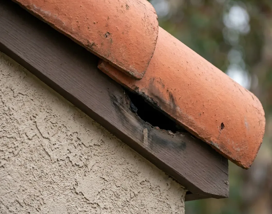 Opening beneath a terracotta roof tile