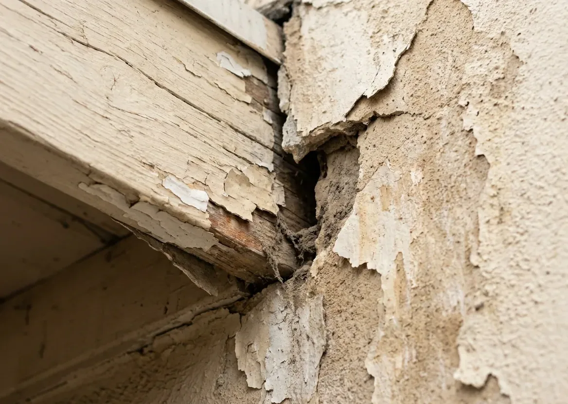 Gap opened where a weathered timber eave meets a stucco wall