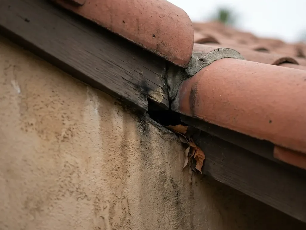 Roofline gap with dark rub marks on a hillside house