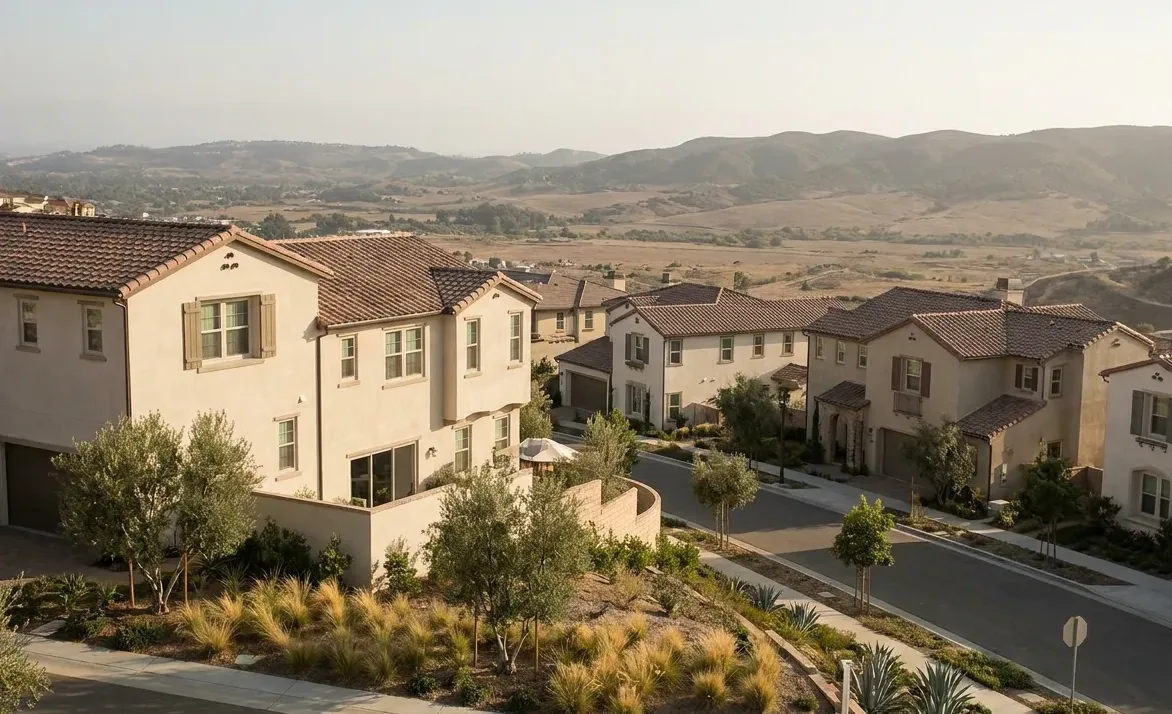 Newer hillside houses with long views down the valley
