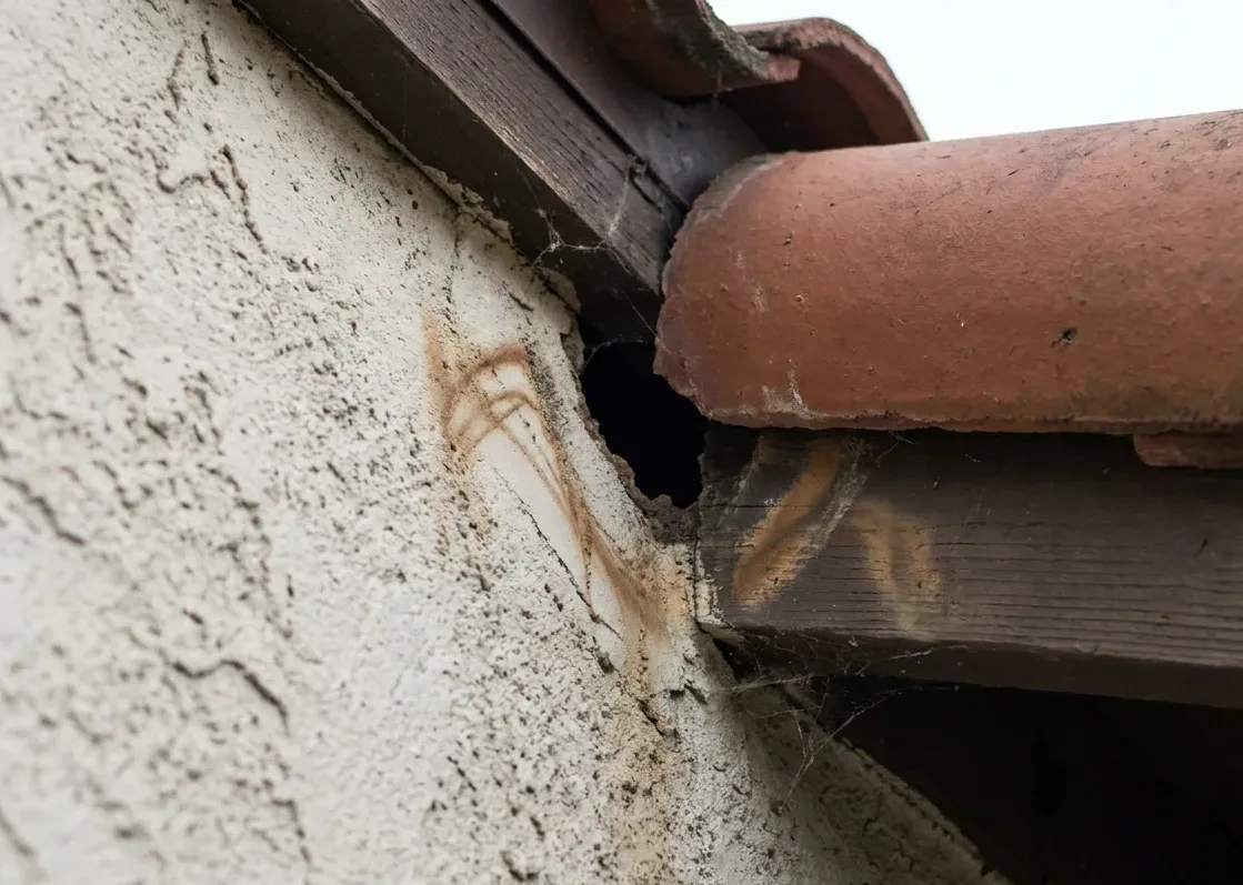Dark opening beneath a roof tile on a two-storey house
