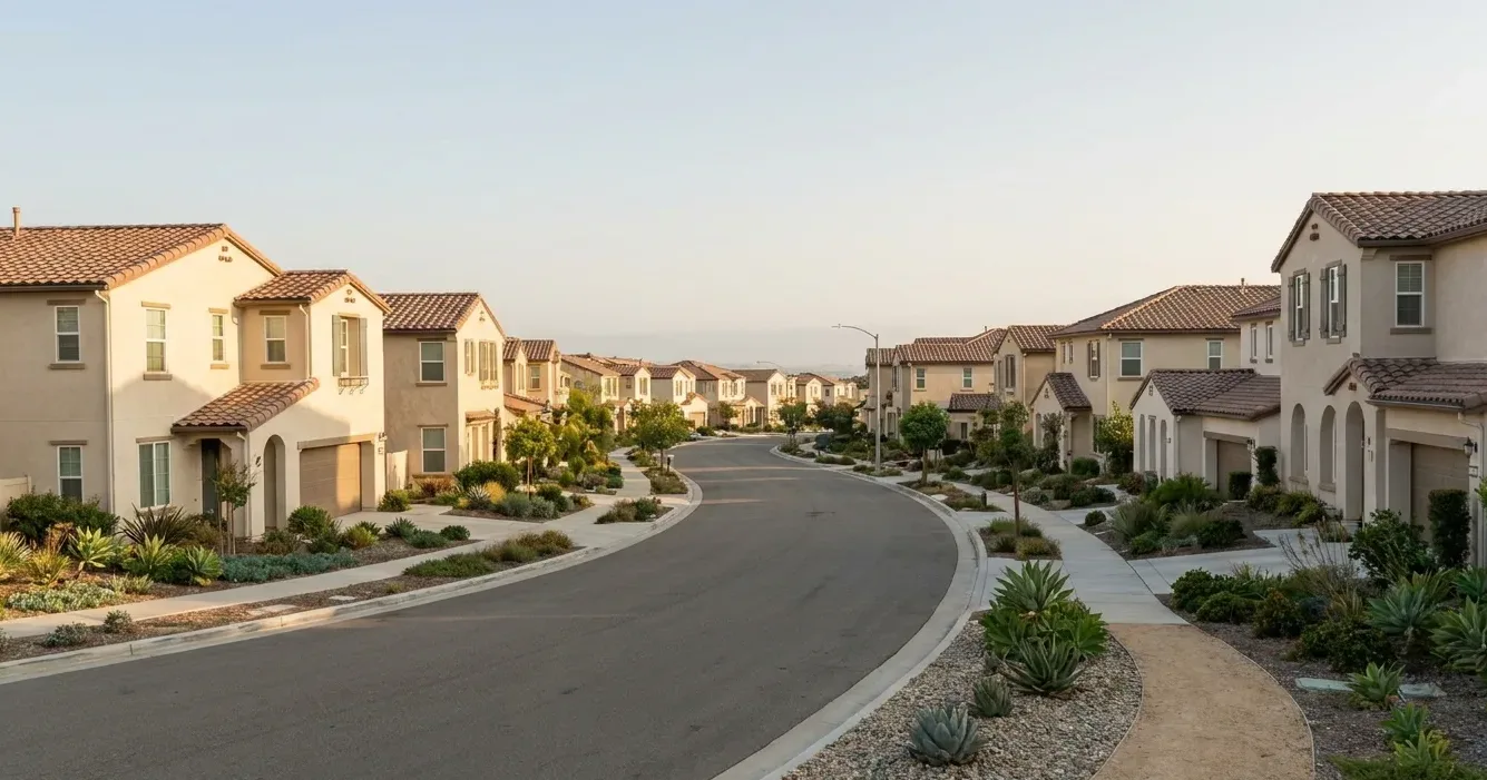Quiet street of two-storey stucco houses with clipped front lawns