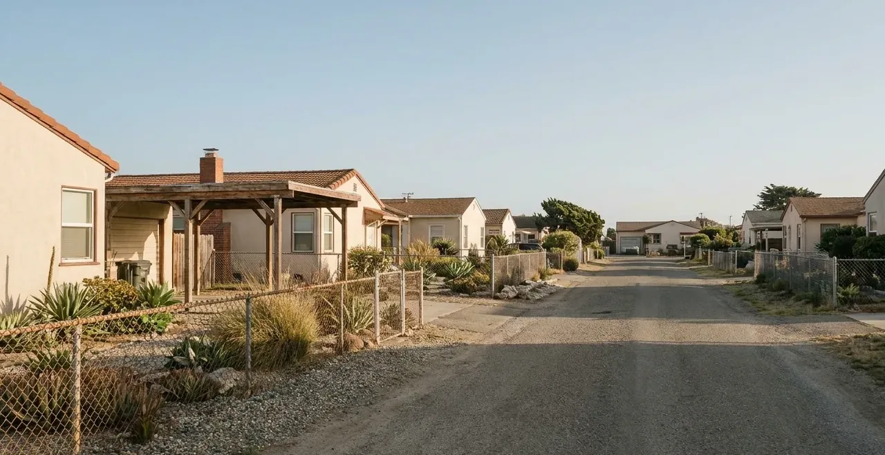 Working residential street of older houses with open carports Working residential street of older houses with open carports