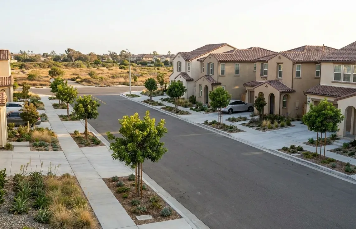 Newer residential street running alongside open parkland