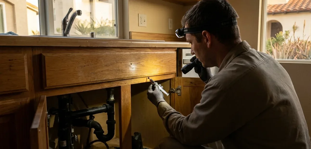 Technician clearing out the back of a dark cabinet void by torchlight