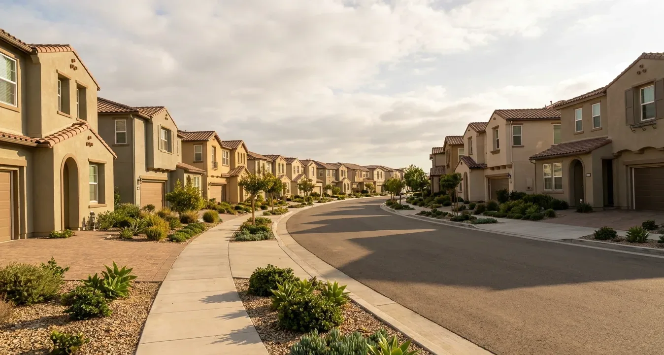 Uniform street of stucco houses with paved driveways