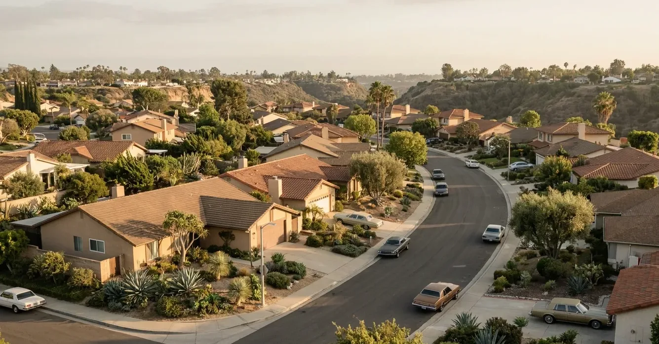 Mid-century houses lined up along a canyon rim