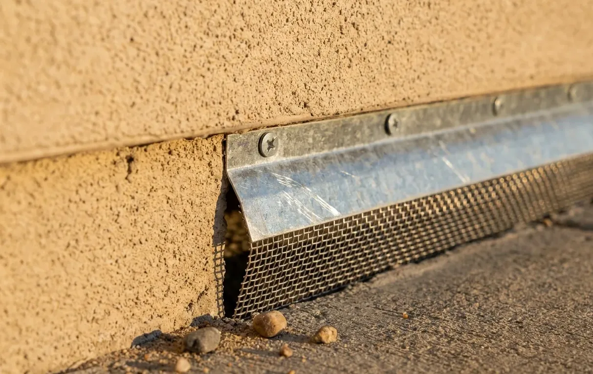 Rodent gap at a stucco wall base closed with stainless mesh and a galvanised strip