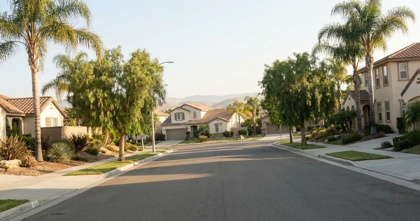Quiet residential street of stucco houses with tile roofs and mature palms