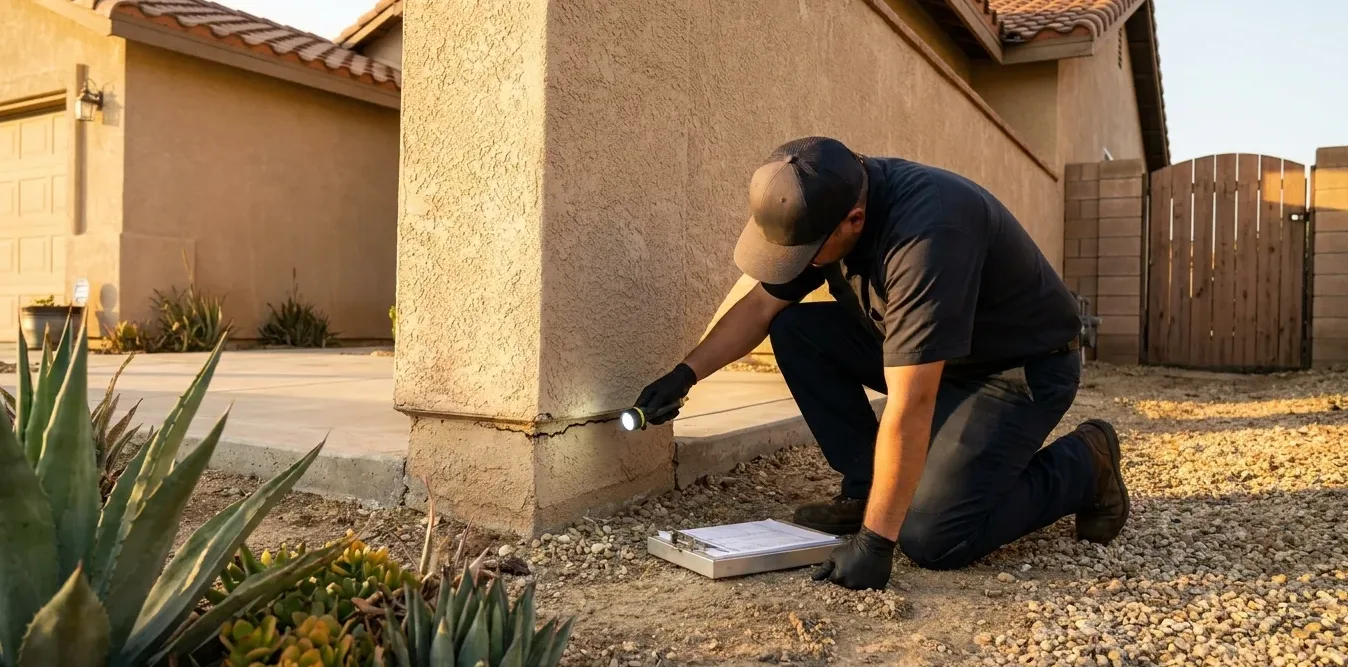 Pest control technician tracking the foundation line of a house with a torch