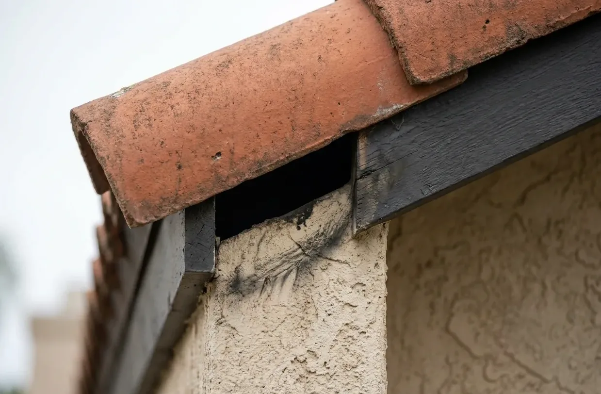 Dark gap beneath a roof tile on a terraced hillside house Dark gap beneath a roof tile on a terraced hillside house