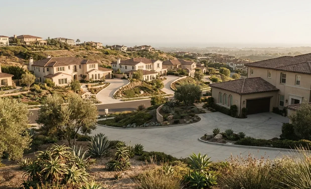 Terraced hillside street of larger stucco houses Terraced hillside street of larger stucco houses