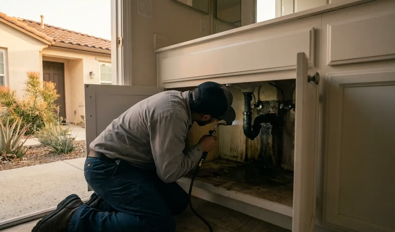 Technician at an opened under-floor cabinet with exposed pipework