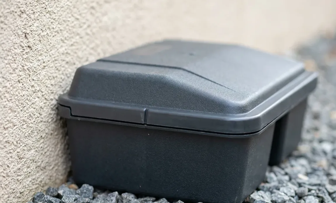 Tamper-resistant bait station sitting flush to a stucco wall on a gravel strip