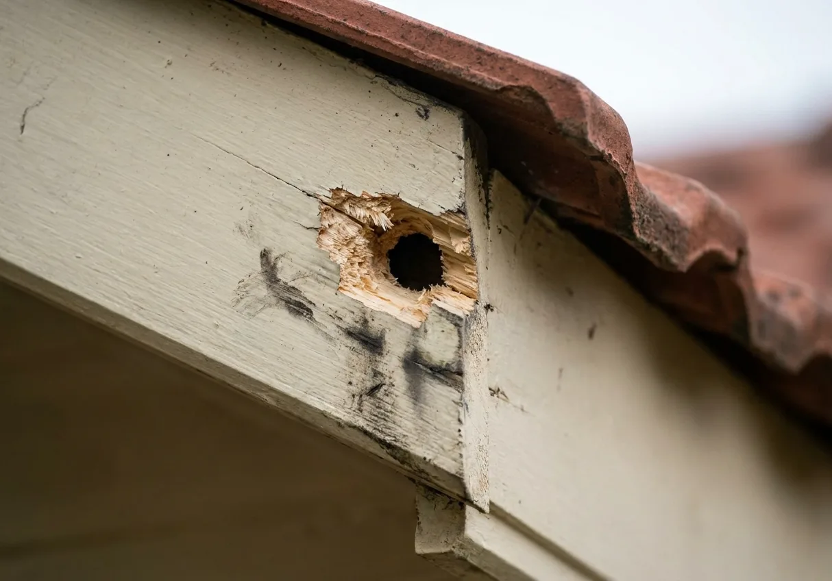 Ragged gnawed opening between a timber fascia and a clay tile roof edge