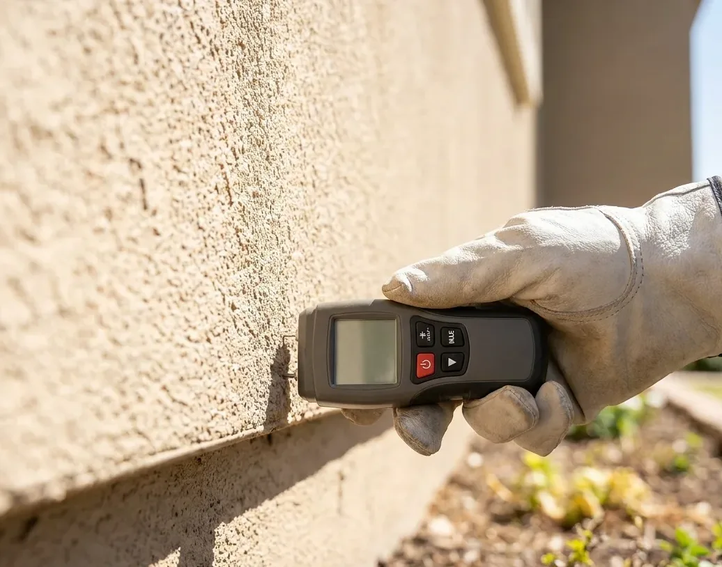Hand-held meter held against the render at the base of a wall