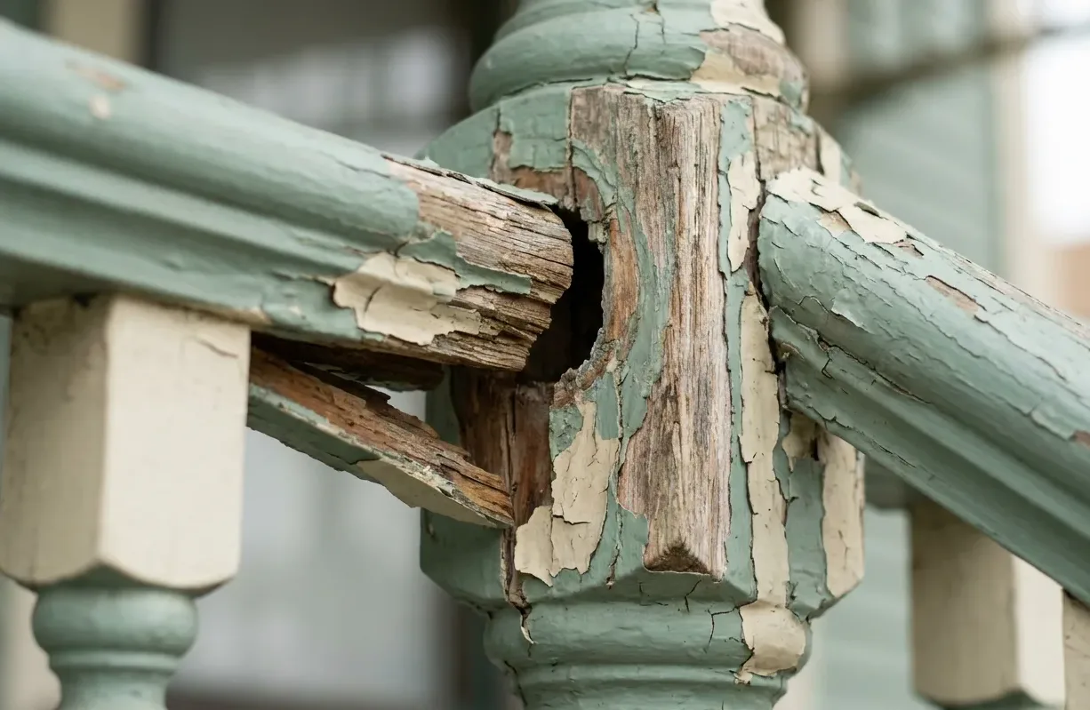Opened joint and lifted paint along an ornate timber porch balustrade Opened joint and lifted paint along an ornate timber porch balustrade