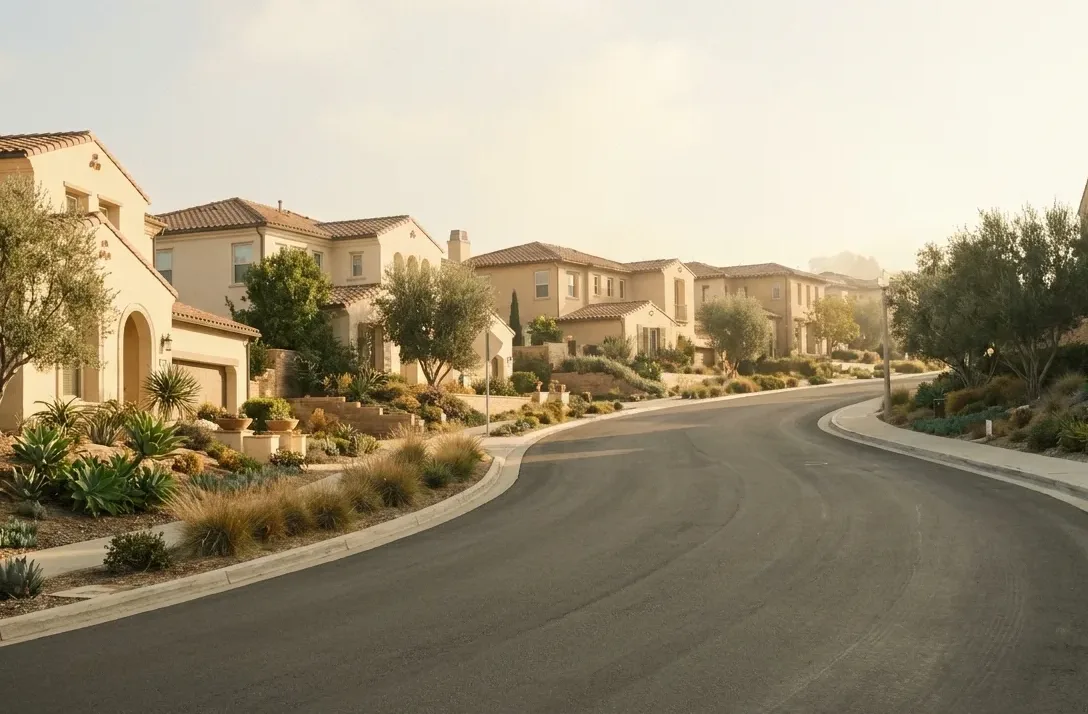Wide street of larger newer houses with deep setbacks