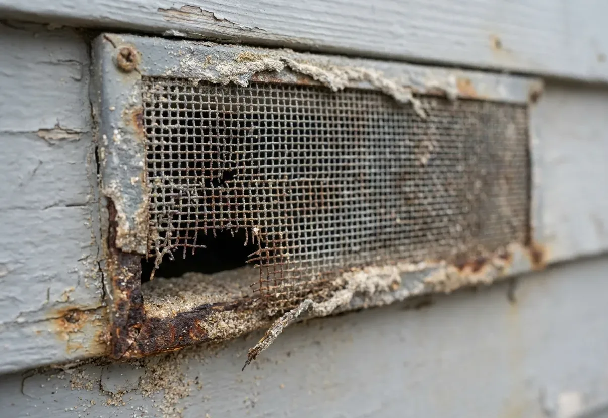 Corroded and torn crawlspace vent screen at the base of a timber-framed house Corroded and torn crawlspace vent screen at the base of a timber-framed house