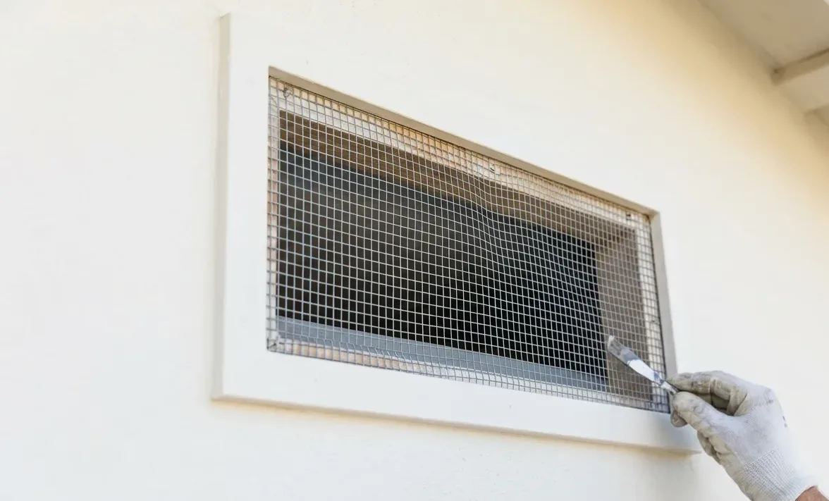 Gloved hand fitting metal mesh across a wall vent