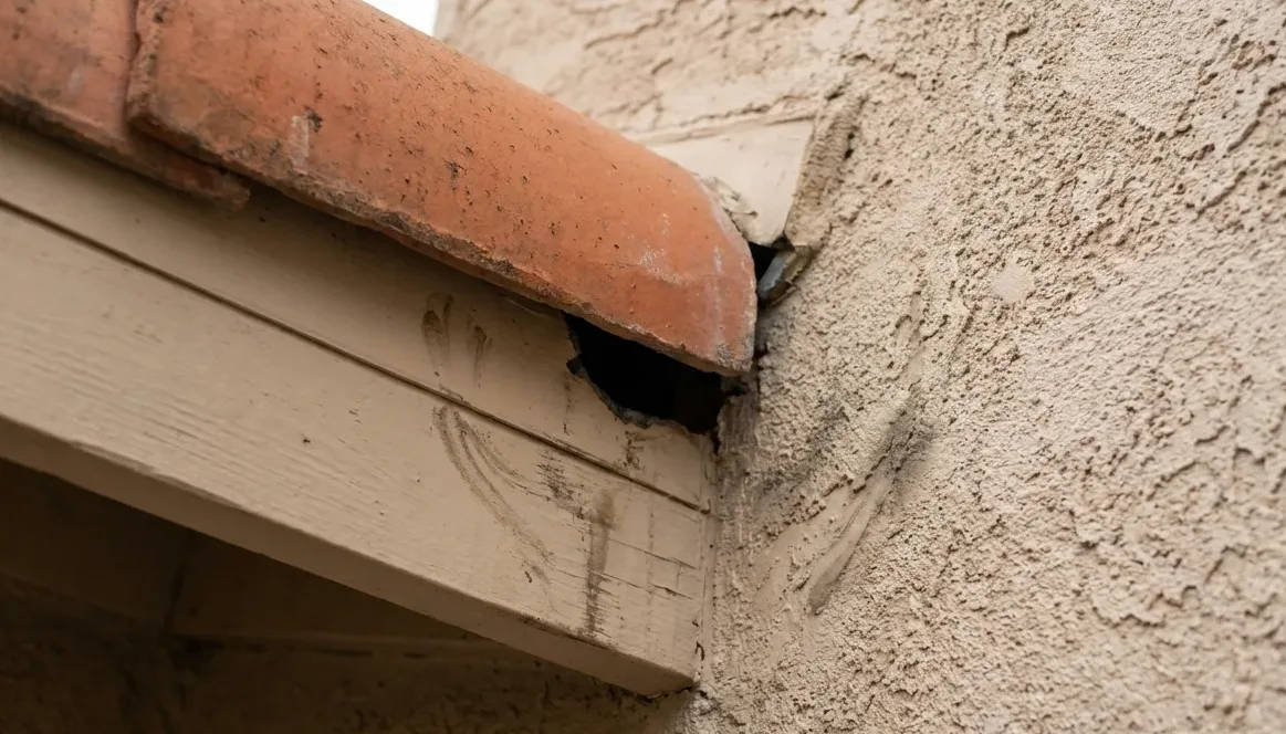 Rodent entry gap at the roofline of an older block-walled house Rodent entry gap at the roofline of an older block-walled house