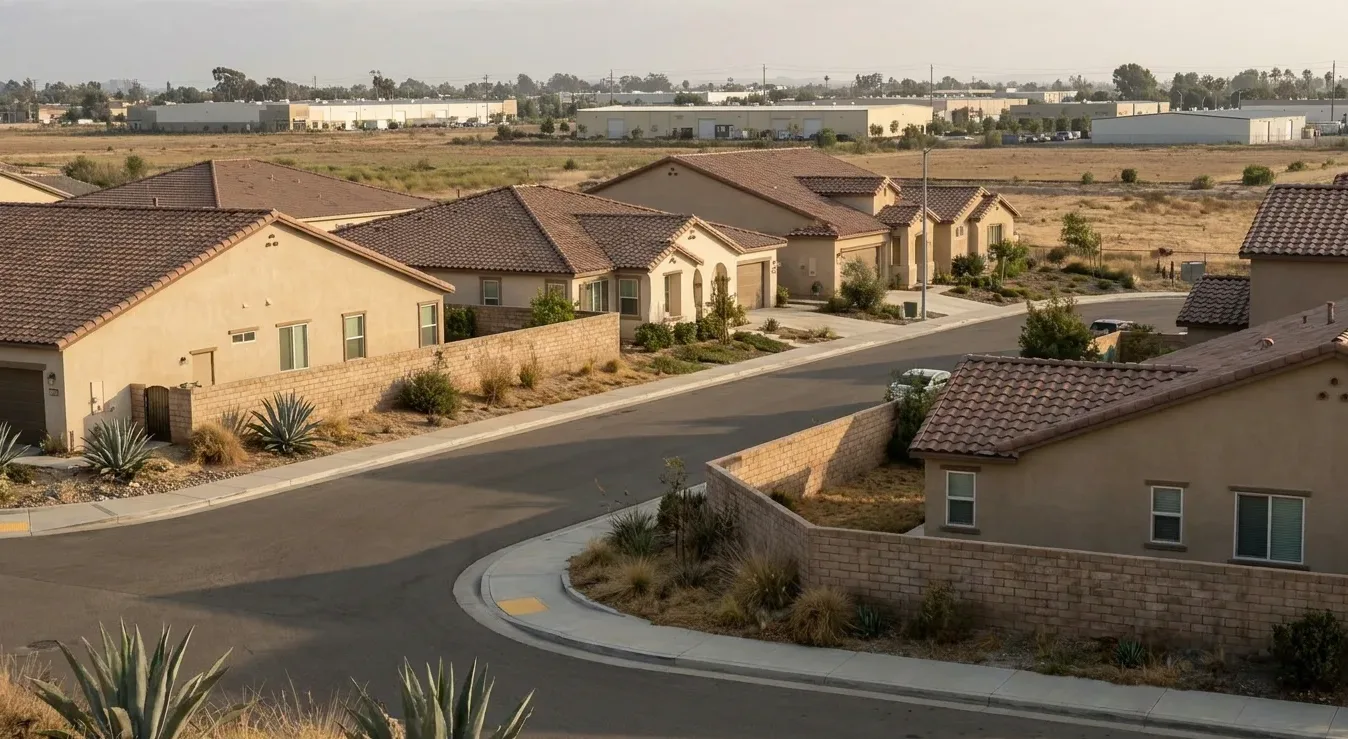 Residential street of older block-walled houses beside open fields Residential street of older block-walled houses beside open fields
